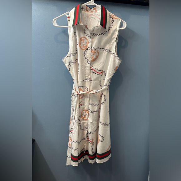 Boutique Luxury Sleeveless Chain Print Dress Green Red Stripe Size Large NWOT - Picture 5 of 8